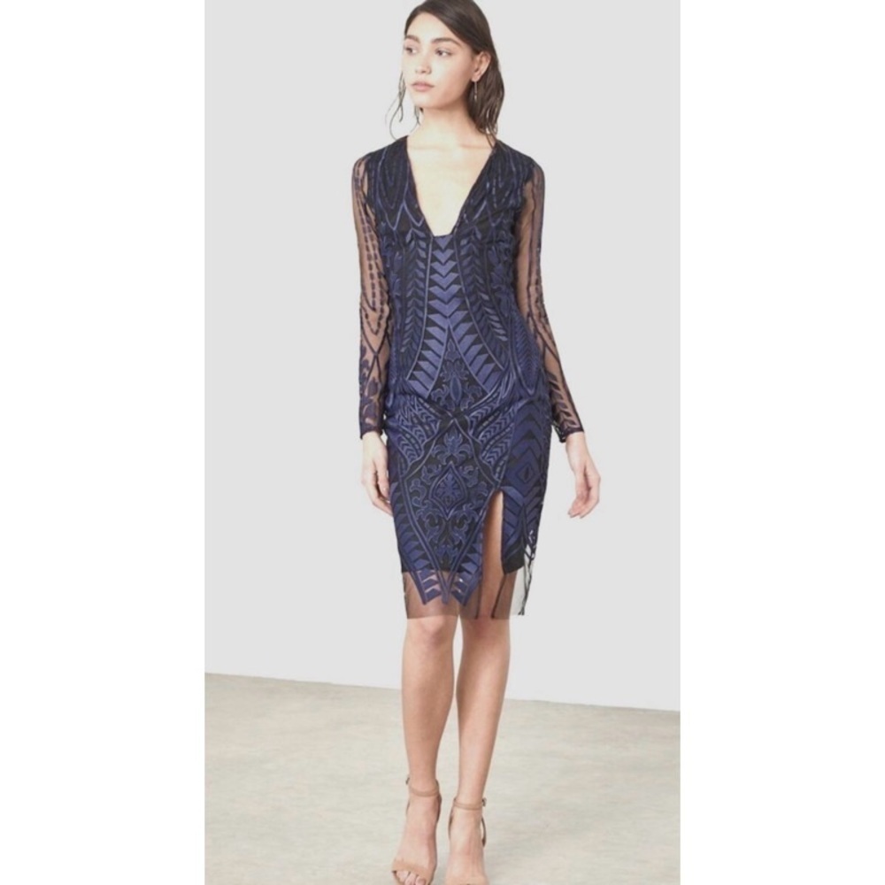 Lavish Alice Navy Blue Lace Embroidered Mesh Plunge Dress 2